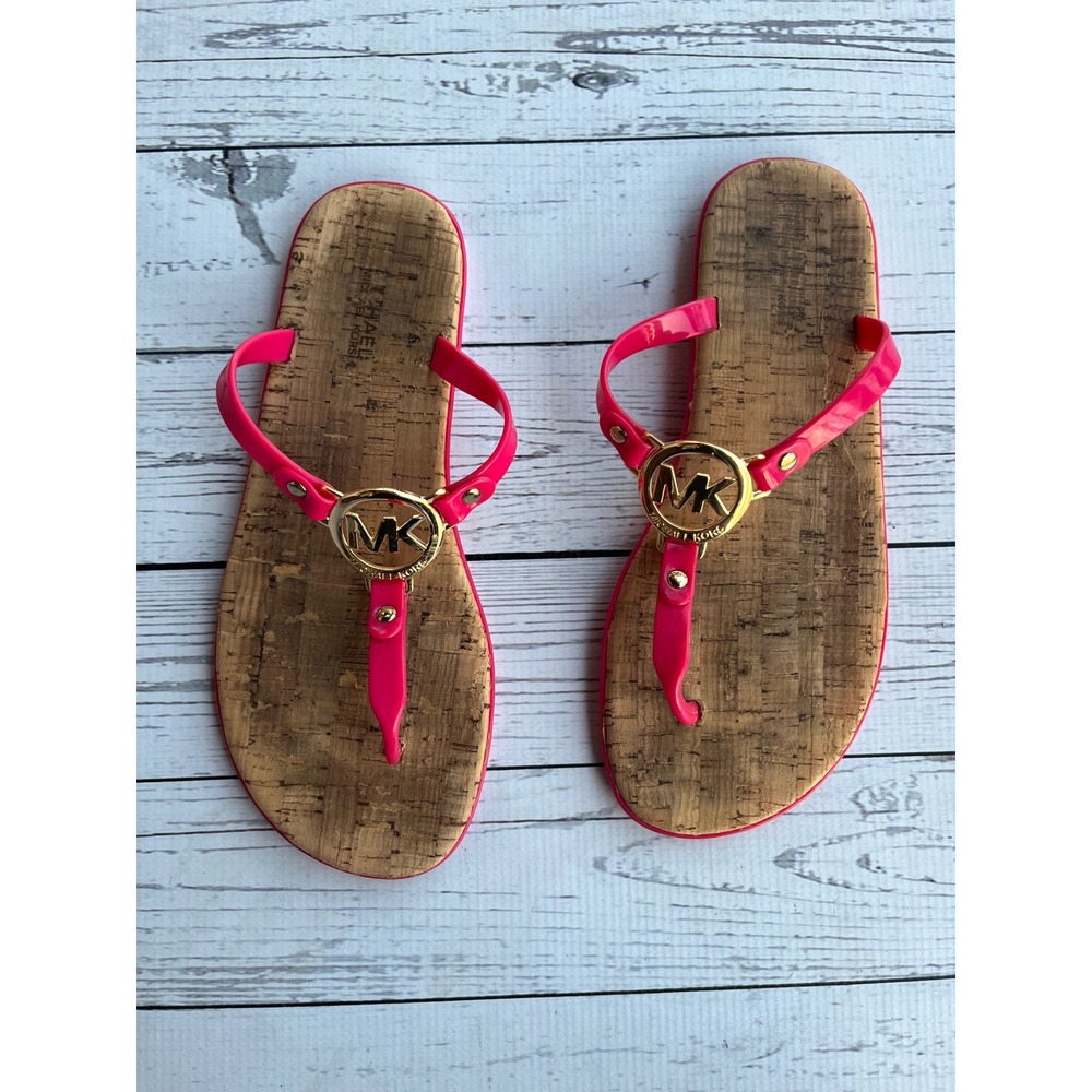 Michael Kors Pink Jelly Cork Thong Sandals Gold MK Logo‎ Barbiecore Resortwear